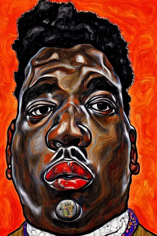 Image similar to a portrait of biggie small in style of egon schiele, masterpiece, hyperdetailed, complex, intricate, 4 k, trending on artstation