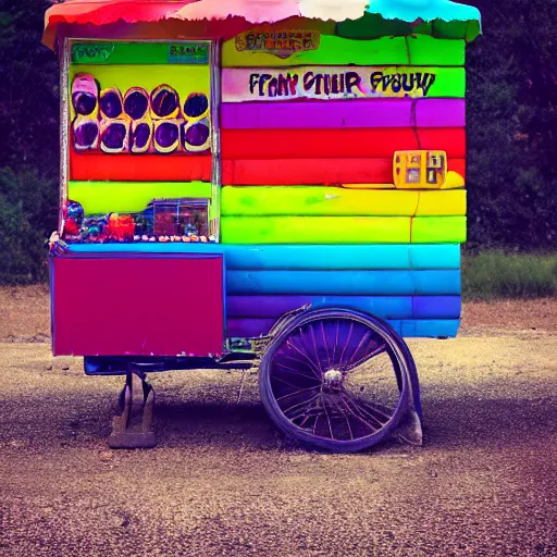 Prompt: colorful ( pop rock candy ), fruit stand on the side of a serene country dirt road, dramatic color, hdr, partly cloudy, 8 k, 4 k, trending on artstation cgsociety, octane ue 5