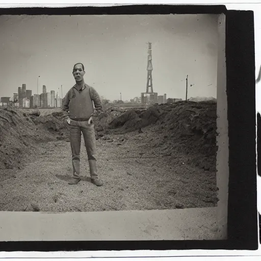 Prompt: san francisco, strawberry hill, post - nuclear city in background, man standing in front of bunker door, tintype photograph