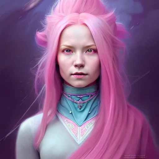 Prompt: pink haired mage medium portrait, female, glacier landscape, norway, d & d, fantasy, intricate, elegant, highly detailed, digital painting, pink and teal color palette, artstation, octane render, concept art, matte, sharp focus, illustration, herrarthstone, art by artgerm and greg rutkowski and alphonse mucha