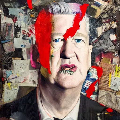 Image similar to hyperrealistic, photorealistic, mixed media oil painting of david lynch in 2 0 2 2, magazine scraps, plaster, blood, oil, mustard, cigarettes, splatter, greg rutkowski, basquiat, ralph steadman, terry gilliam