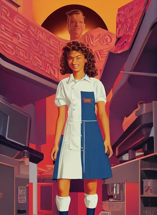 Image similar to poster artwork by michael whelan and laurent durieux, portrait of a high school student zendaya!!!!! wearing rr diner uniform working at the local diner, confectioner in a pastry shop, full length shot, shining, from scene from twin peaks, clean