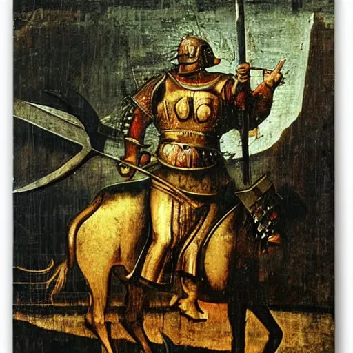 Prompt: maximus decimus with armor and sword fire effect by hieronymus bosch