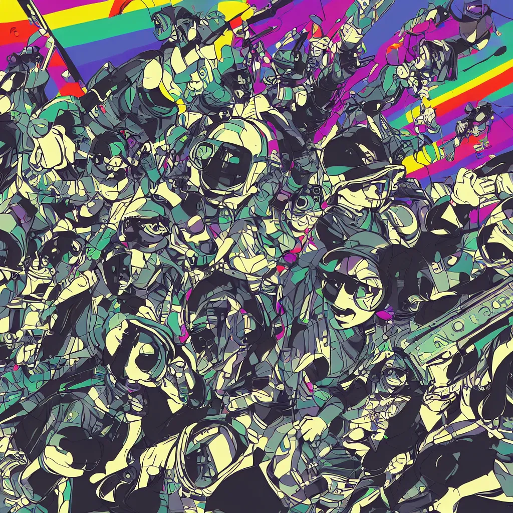 Image similar to people wearing helmets, ryuta ueda artwork, jet set radio artwork, stripes, gloom, space, cel - shaded art style, broken rainbow, data, minimal, speakers, code, cybernetic, dark, eerie, cyber