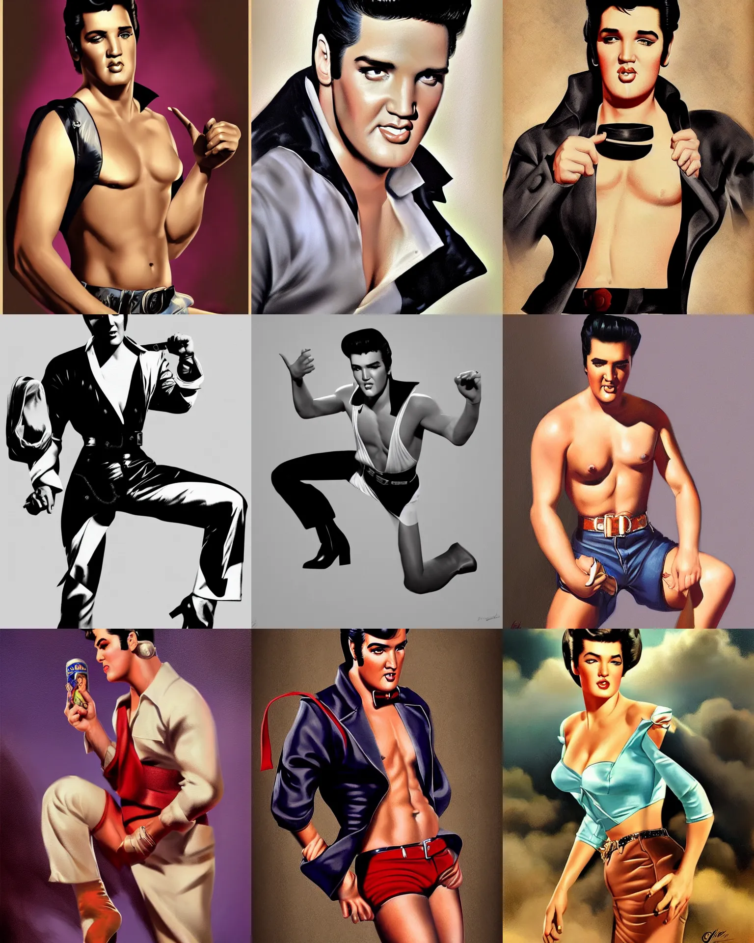 Prompt: elvis presley beefcake style full body portrait by Gil Elvgren, beefcake pose, elegant, digital painting, trends on artstation, concept art