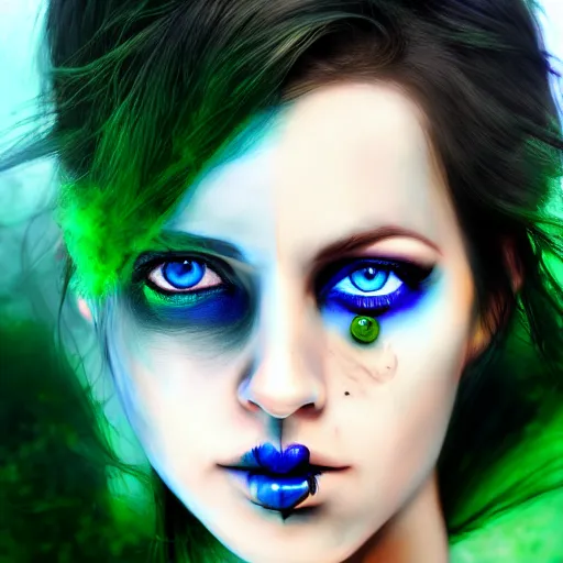 Prompt: photorealistic portrait of beautiful zombie girl, black hair, blue eyes, smooth face, perfect eyes, half body shot, elegant, realistic, glowing skin, detailed face, green colours, sharp focus