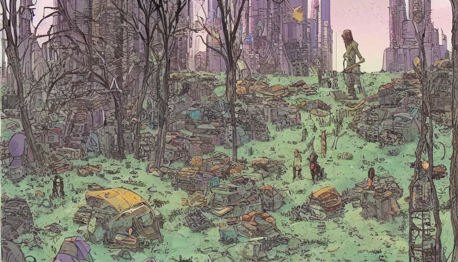 Image similar to ligne claire art of a druid in postapocalyptic city intertwined with nature in the open space, street - level view, by moebius, bright colors, eisner award - winning spread