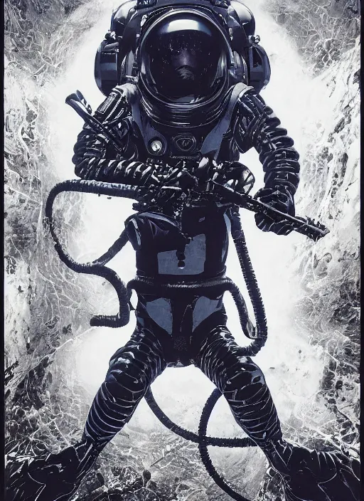 Image similar to astronauts in dark and empty void underwater - complex and hyperdetailed suit. reflection and dispersion materials. rays and dispersion of light. volumetric light. 5 0 mm, f / 3 2. noise film photo. flash photography. ultra realistic, wide angle. poster by wayne barlowe, hajime sorayama aaron horkey, craig mullins. dark key.