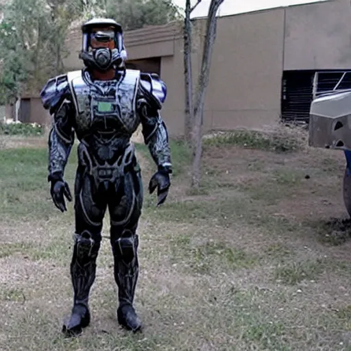 Image similar to steve urkel in intimidating futuristic halo battle armor