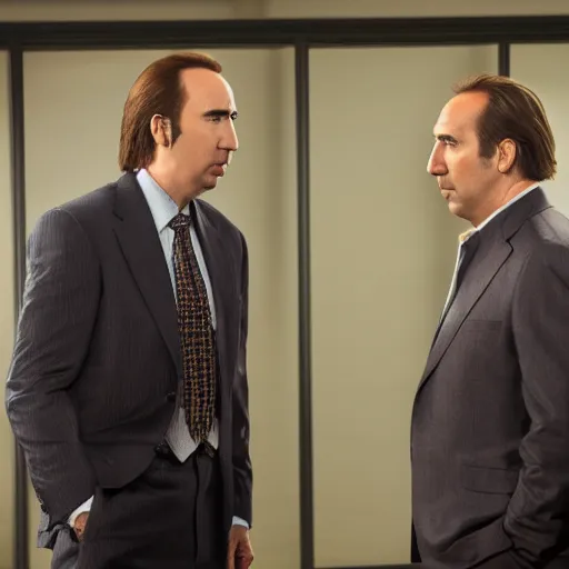 Image similar to photo of Saul Goodman standing beside Nicholas Cage, highly detailed, high quality, HD, 4k, 8k, Canon 300mm, professional photographer, 40mp, lifelike, top-rated, award winning, realistic, sharp, no blur, edited, corrected, trending