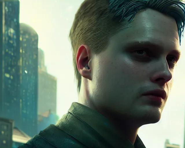 Image similar to highly detailed portrait of michael pitt as an evil android, in detroit : become human, stephen bliss, unreal engine, fantasy art by greg rutkowski, loish, rhads, ferdinand knab, makoto shinkai and lois van baarle, ilya kuvshinov, rossdraws, tom bagshaw, global illumination, radiant light, detailed and intricate environment