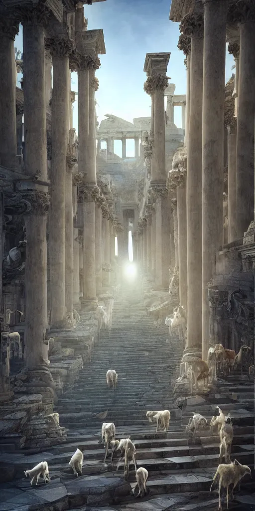 Image similar to a herd of goats! on stairs in a beautiful fantasy cathedral, epic, grandiose, many goats, magic, greek columns, tall towers, gorgeous clouds, colorful, sunrays, digital painting, landscape, octane render, unreal engine, high detail, very realistic, by katsuya terada