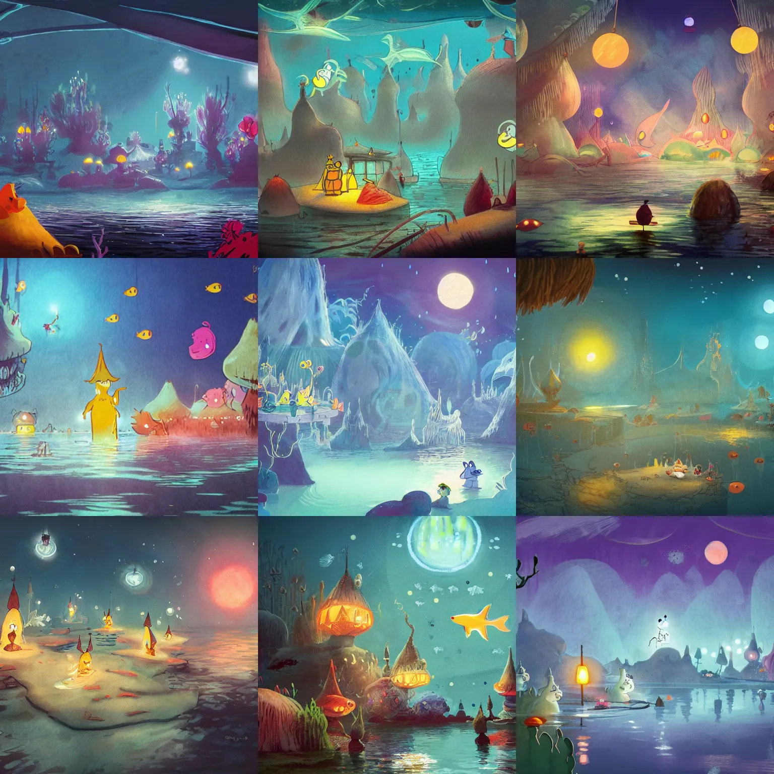 Prompt: moomins in an underwater city with glowing fishes in the sky, concept art, very detailed