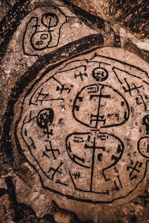 Image similar to 4 k photography of petroglyphs representing crosses, ufo, yin yang symbol on a cave