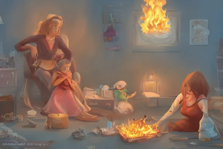 Image similar to a housewife hurries up to pack daughter's things, surrounded with fire, digital art, trending on artstation