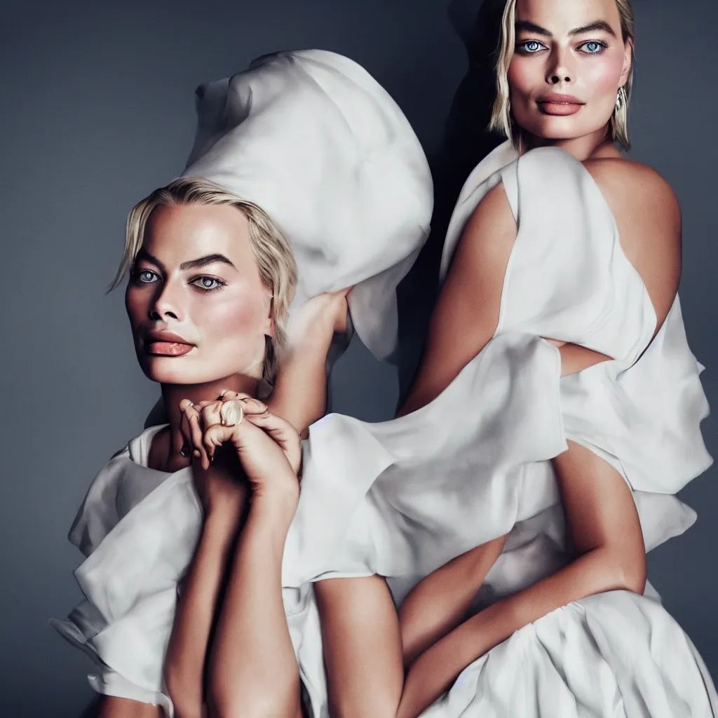 Image similar to a close up portrait photography of Margot Robbie dress in white in style of Vogue Magazine, Caravaggio lighting, drammatic colors scheme, fine art photography, dramatic background,