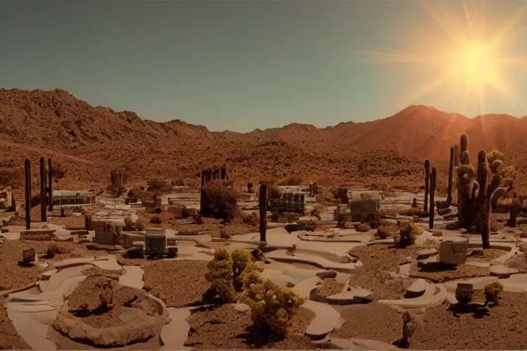 Prompt: desert oasis made of electronics, still from a kiyoshi kurosawa movie, sanriocore, full sun lighting,