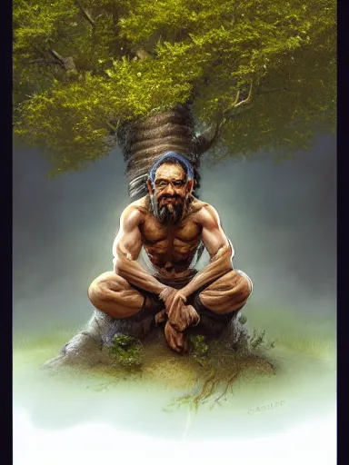Image similar to a grumphy man, legs and arms crossed, sitting under a bodhi tree. intricate, elegant, highly detailed, digital painting, artstation, concept art, sharp focus, illustration, by justin gerard and artgerm, 8 k