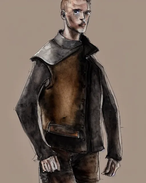 Image similar to rough watercolor sketch of a male model wearing a baggy medieval menswear leather jacket by alexander mcqueen, 4 k, astonishing detail, studio lighting, wide angle lens