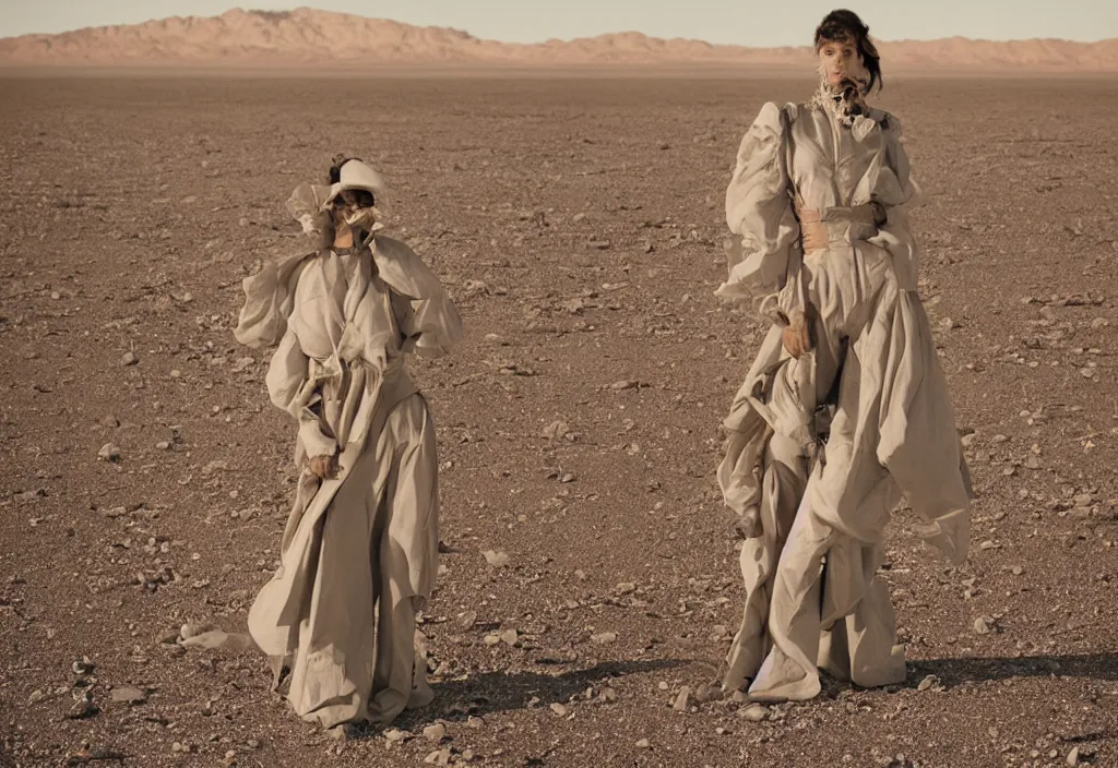 Image similar to fashion editorial in nuclear explosion. Nevada desert test site. wide angle shot. highly detailed. depth of field. high definition. 8k. photography.