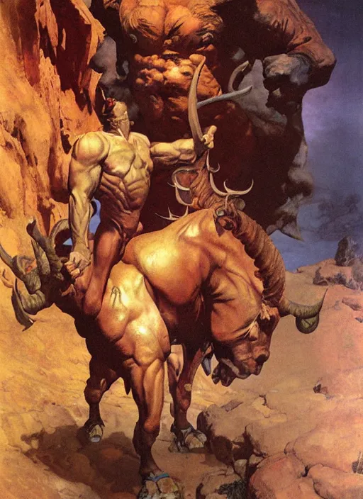 Image similar to full body portrait of a huge, miserable minotaur sitting in a cave, by boris vallejo and jesper ejsing and simon bisley and greg manchess and zdzislaw beksinski and norman rockwell