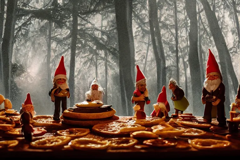 Image similar to movie scene portrait closeup, real life team of tiny gnome people building a tiny cathedral made of pizza in the forest neon lighting by emmanuel lubezki