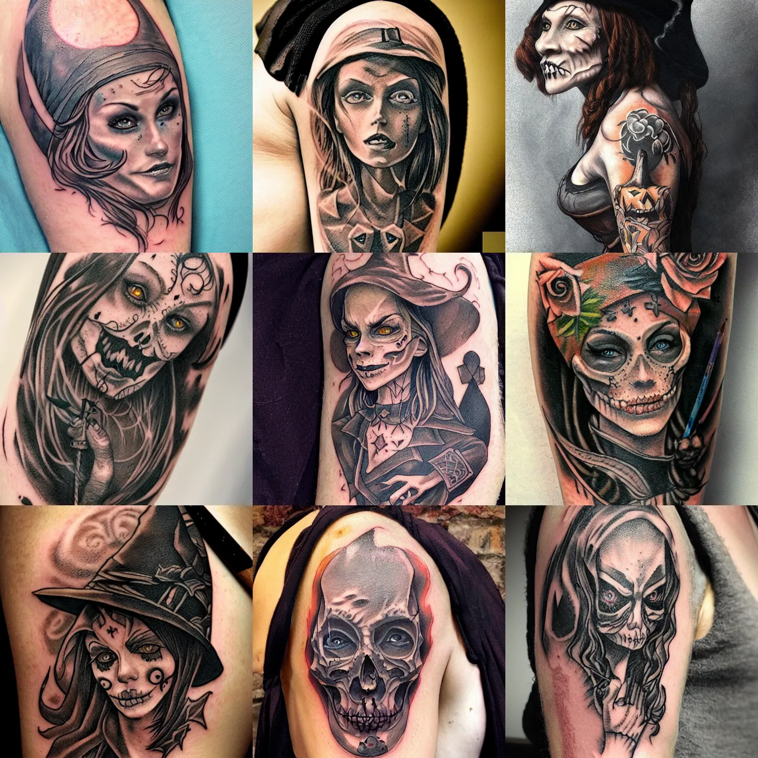 Prompt: halloween witch tattoo on shoulder by anton pieck, intricate, extremely detailed, digital painting, artstation, concept art, smooth, sharp focus, illustration, intimidating lighting, incredible art,