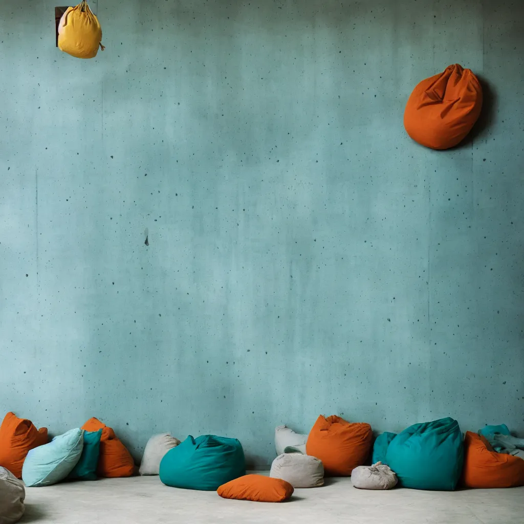 Image similar to kodak portra 4 0 0, 8 k, shot of a highly detailed, britt marling style, colour still - life portrait of a large minimalistic room, rough concrete walls, a single rough carved wooden teal, cannabis store with comfortable beanbags, muted colours