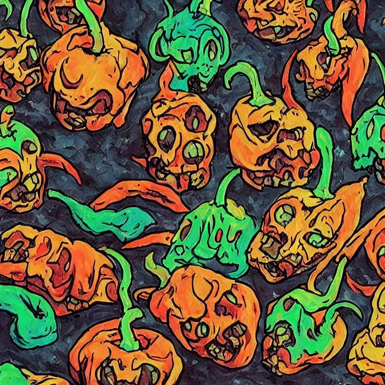 Image similar to “ ghost peppers stacked up in the style of the art of hylics ”