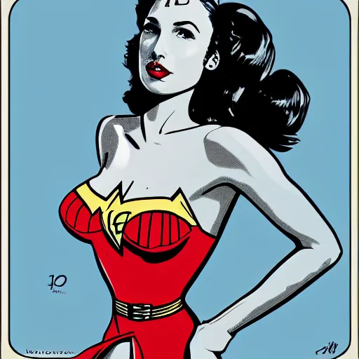 Image similar to illustration, full body portrait of gal gadot in the style of bill medcalf, retro, 1 9 5 0, 4 k, detailed