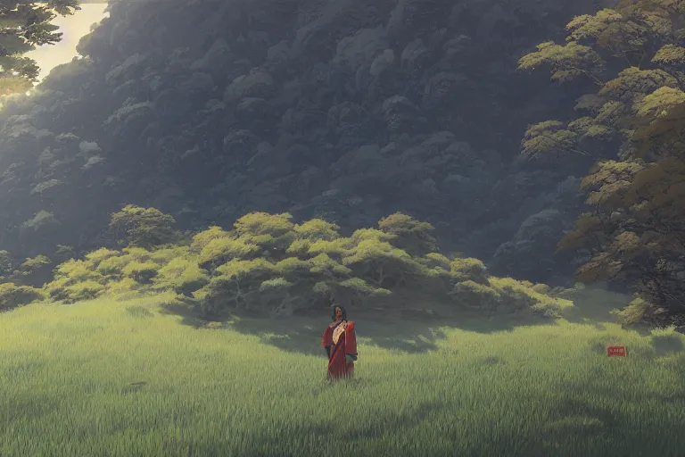 Prompt: in the green fields and mountains, a shao lin temple, | fine detail anime, cel shaded by ilya kuvshinov, katsuhiro otomo, magali, artgerm, jeremy lipkin and yoshiaki kawajiri