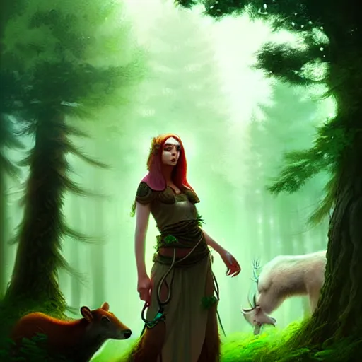 Prompt: a pretty female druid surrounded by forest animals, digital painting, photorealistic, in the style of greg rutkowski, highly detailed, realistic