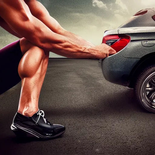 Prompt: car, bodybuilder, woman, holding, road, photo, digital art, hands, underbody, tires