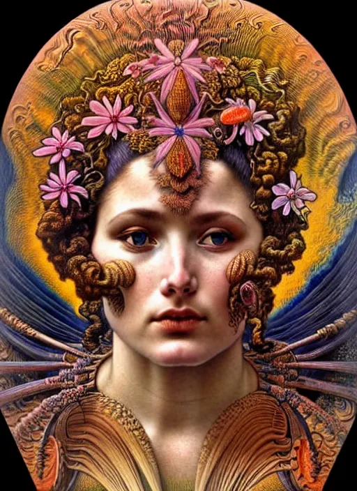 Image similar to hyperrealistic detailed face portrait of the beautiful goddess of the vulcanos with an intricate headgear of a beautiful erupting vulcano with landscape, art by ernst haeckel, john william godward, android jones, alphonso mucha, h. r. giger, gothic - cyberpunk, ornamental, dimmed pastel colours,