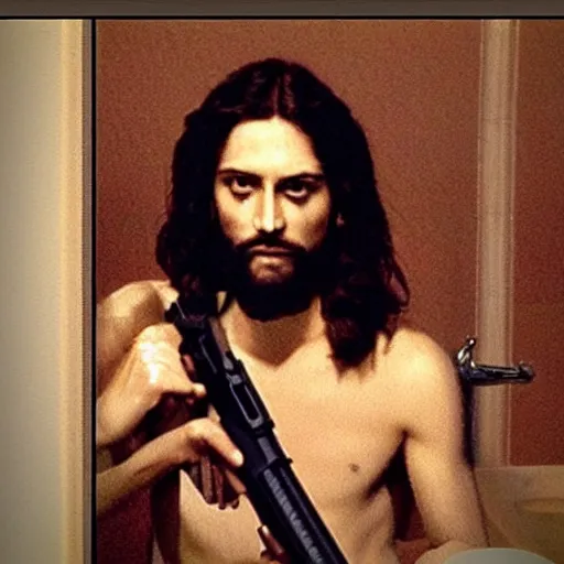 Image similar to jesus christ posing on instagram in his bathroom with an m 1 6