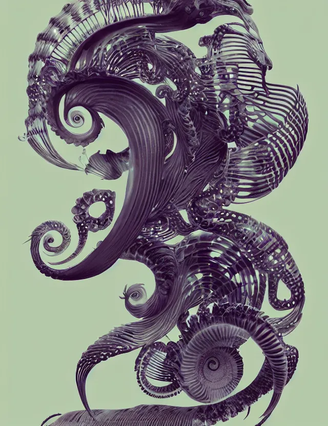 Image similar to 3 d goddess nautilus half - turn portrait with long hair with ram skull. beautiful intricately detailed japanese crow kitsune mask and clasical japanese kimono. betta fish, jellyfish phoenix, bio luminescent, plasma, ice, water, wind, creature, artwork by tooth wu and wlop and beeple and greg rutkowski