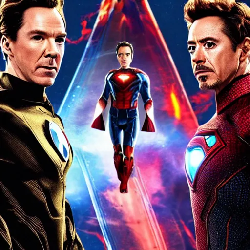 Prompt: benedict cumberbatch and robert downey jr. are fighting superheroes and supervillains. 4 k, marvel poster