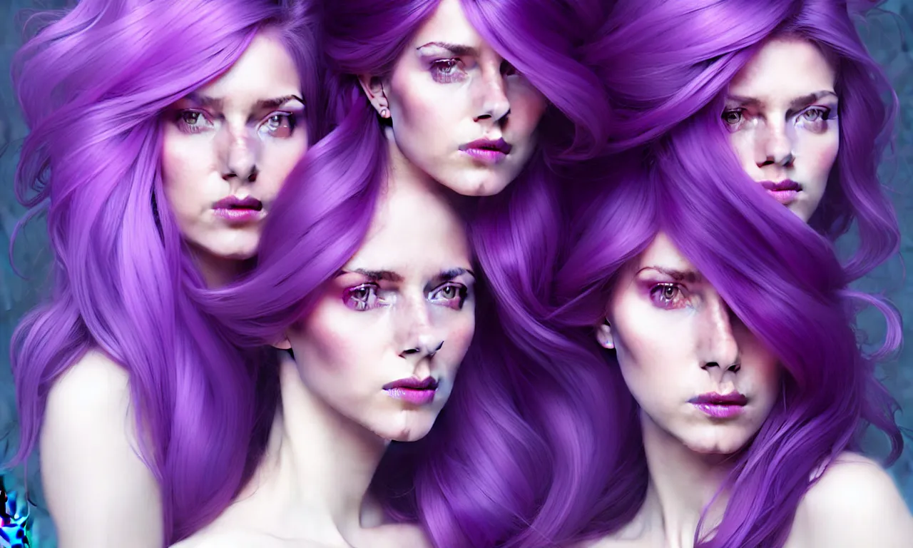 Image similar to Purple hair relistic Portrait of a two woman with bright colored flying hair, all shades of purple. Beauty face, Hair coloring, fantasy, intricate, elegant, highly detailed, digital painting, artstation, concept art, smooth, sharp focus, illustration, art by artgerm and greg rutkowski and alphonse mucha