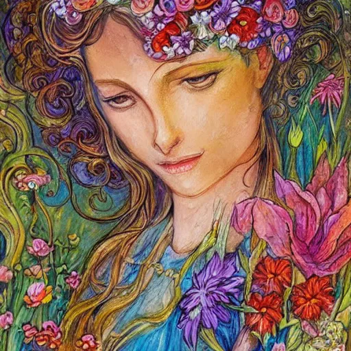 Image similar to a painting of a a woman with flowers in her hair, a storybook illustration by josephine wall, watercolor, deviantart, metaphysical painting, storybook illustration, detailed painting, whimsical, psychedelic art