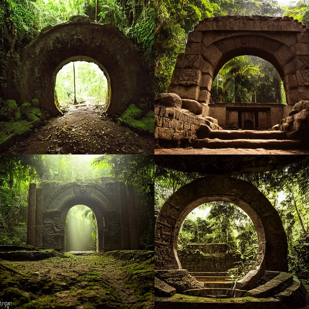 Prompt: Documentary photograh of a large Aztec portal, the portal is hidden in an unmapped area of the Amazon rainforest, dramatic lighting, high contrast, f/22, 35mm