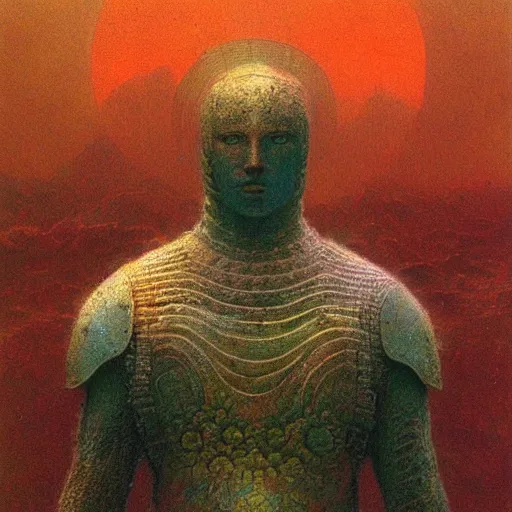 Prompt: god of the sun, wearing solar armor, infinity blade armor, beksinski