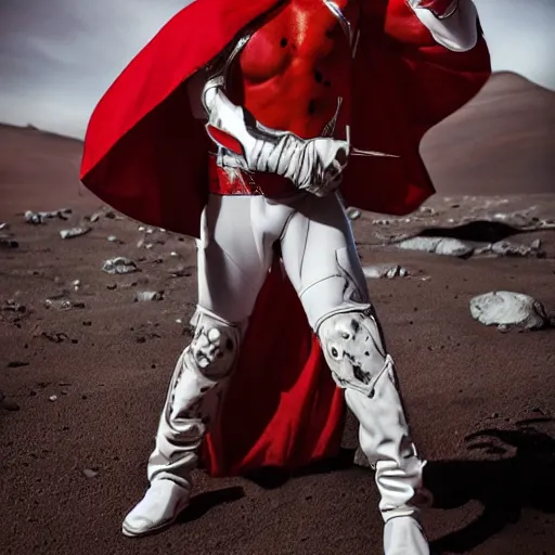 Image similar to a tall muscular soldier, wearing blood - spattered glossy sleek white dinged scuffed armor and a long torn red cape, heroic posture, determined expression, gritty, no helmet, on the surface of mars, dramatic lighting, cinematic, sci - fi, hyperrealistic, detailed