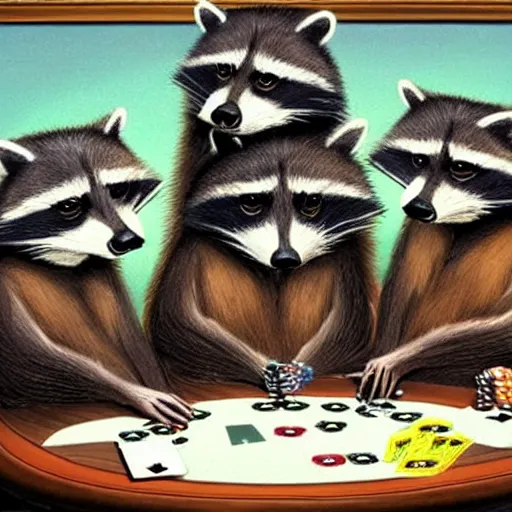 Image similar to a gang of raccoons playing poker at night