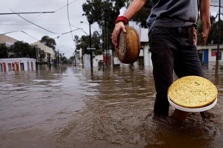 Image similar to closeup portrait of a man carrying a wheel of cheese over his head in a flood in North Terrace in Adelaide in South Australia, photograph, natural light, sharp, detailed face, magazine, press, photo, Steve McCurry, David Lazar, Canon, Nikon, focus