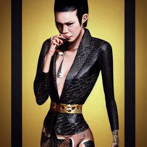 Image similar to yakuza slim girl, gold suit jacket in snake print, jacket over bare torso, yakuza tattoo Irezumi on body, black short curtain haircut, black leather pants with black belt, portrait, beautiful face, elegant, 2d, ultra highly detailed, digital painting, smooth, sharp focus, artstation, art by Ilya Kuvshinov, rossdraws