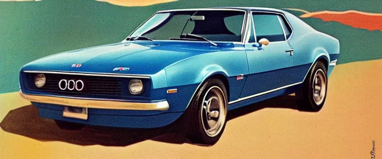 Image similar to denim blue audi camaro b 1 ( 1 9 6 7 ), 8 0 s retro poster, establishing shot