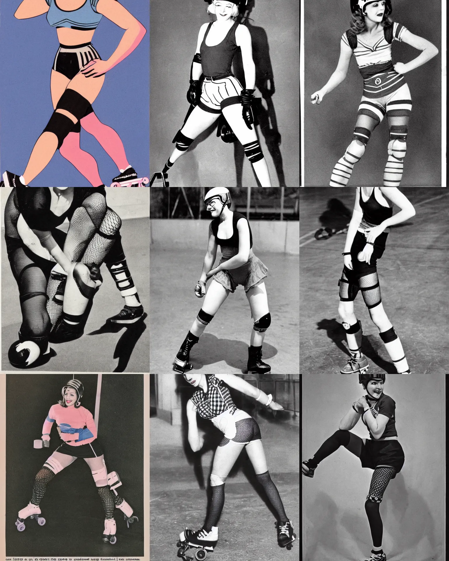 Prompt: roller derby girl doing Cross-Over, wearing skate helmet, knee pads, elbow pads, fishnet tights, showing off biceps, illustration 1950s