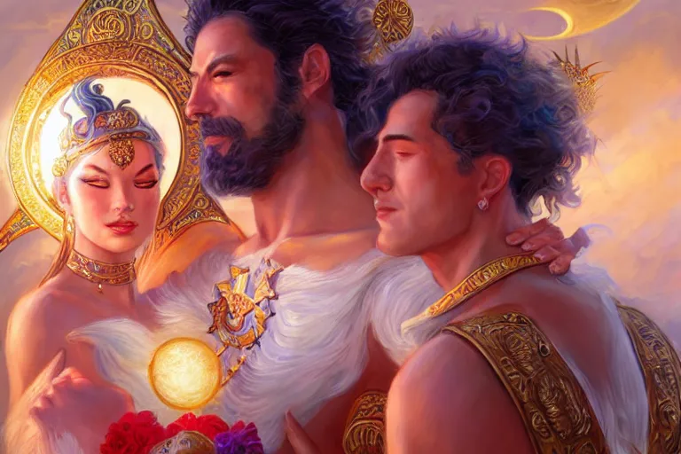 Image similar to close up moment of a divine a sun god and a moon goddess lovers magician at a wedding banquet, highly detailed, d & d, fantasy, highly detailed, digital painting, trending on artstation, concept art, sharp focus, illustration, art by artgerm and daniel gerhartz and magali villeneuve