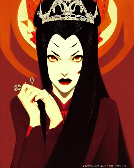 Image similar to beautiful vampire princess with tiara, symmetrical face, evil, portrait, cinematic, dramatic, powerful, super detailed and intricate, by koson ohara, by darwyn cooke, by greg rutkowski, by satoshi kon