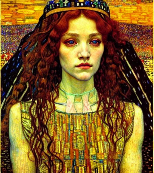 Image similar to detailed realistic beautiful young medieval queen face portrait by jean delville, gustav klimt and vincent van gogh, art nouveau, symbolist, visionary, gothic, pre - raphaelite, muted earthy colors, desaturated